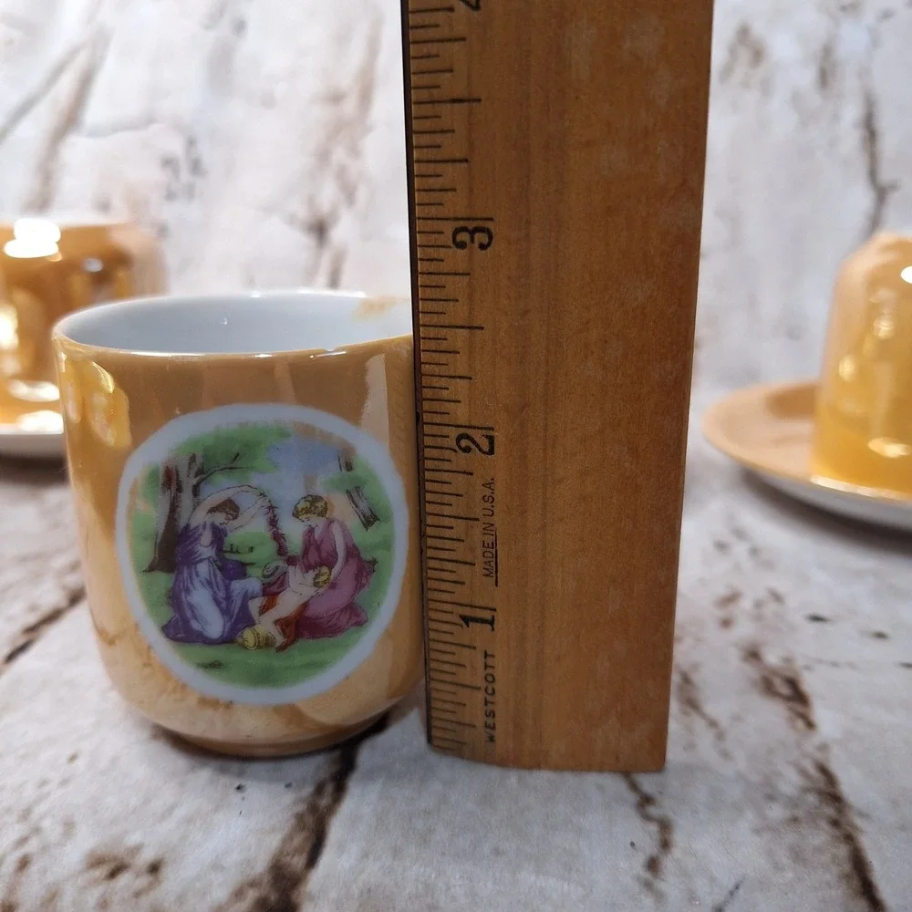 Vintage Japan Lusterware Demitasse Set 5 Cups Saucers Peach Iridescent Classical